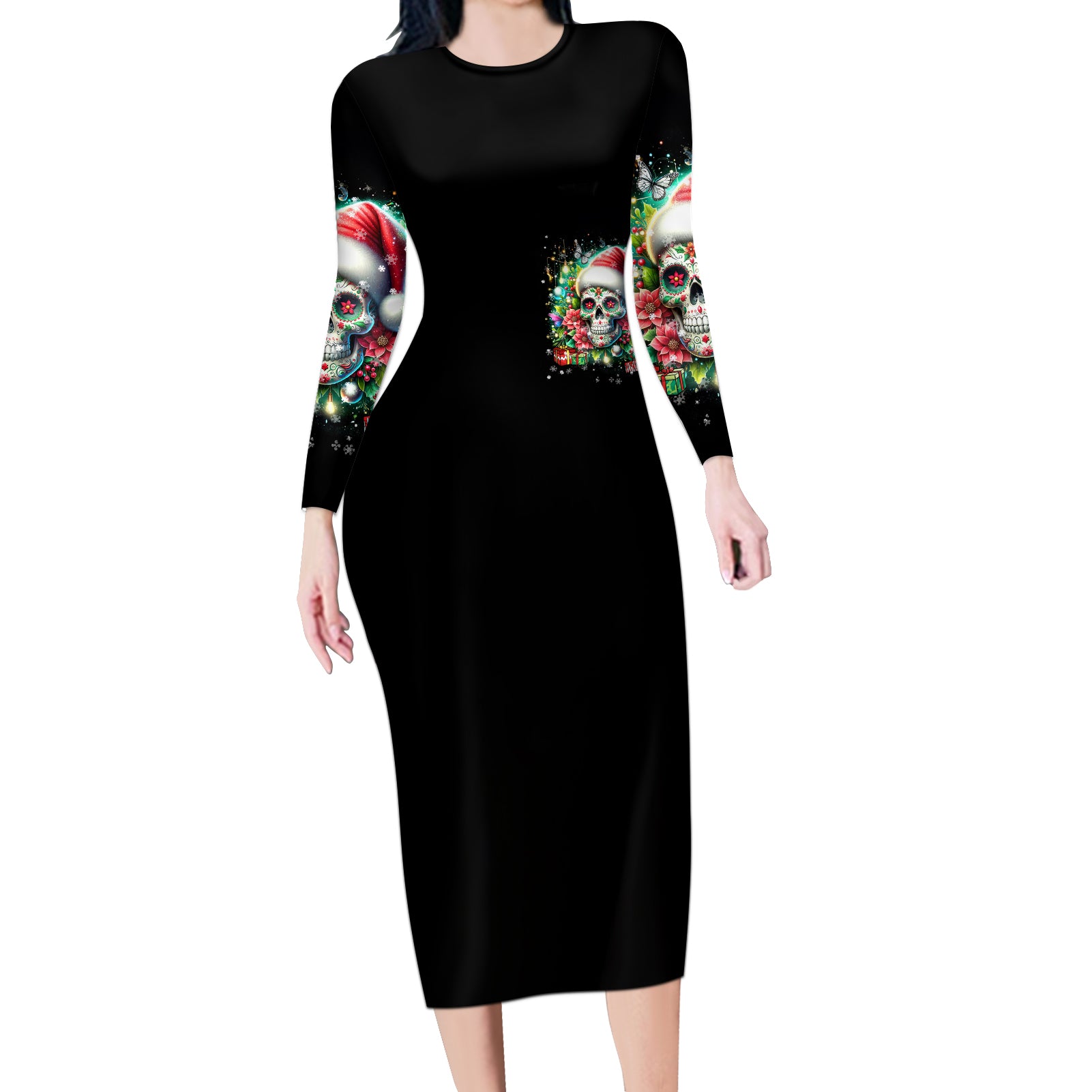 Christmas Skull Long Sleeve Bodycon Dress On The Naughty List I Regret Nothing - Wonder Print Shop