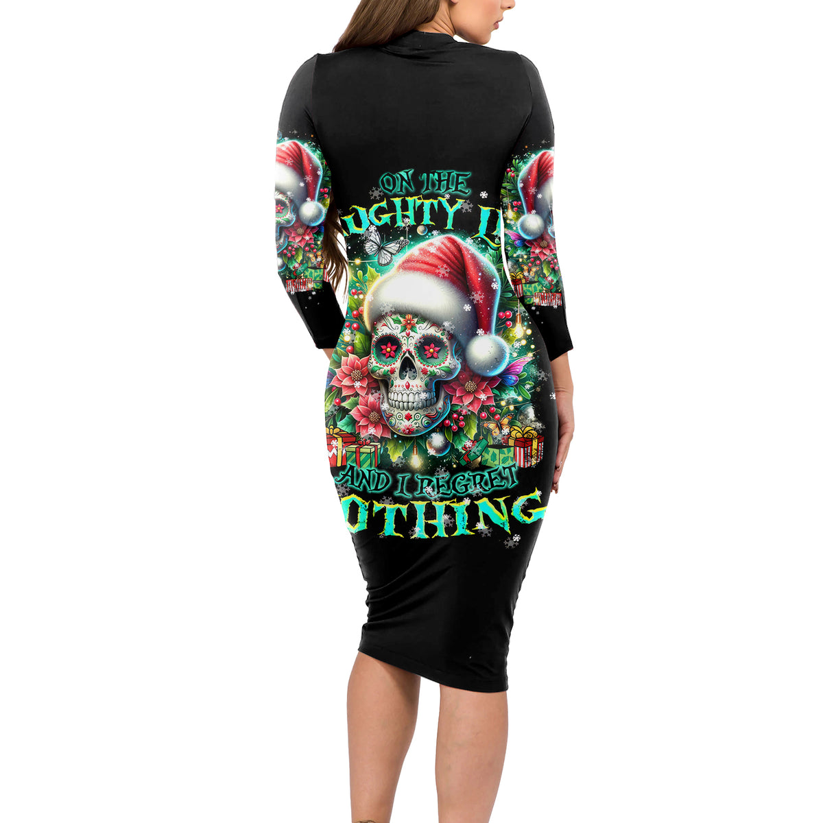 Christmas Skull Long Sleeve Bodycon Dress On The Naughty List I Regret Nothing - Wonder Print Shop