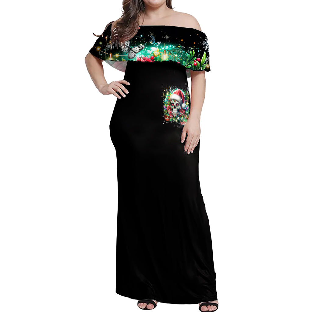 Christmas Skull Off Shoulder Maxi Dress On The Naughty List I Regret Nothing - Wonder Print Shop