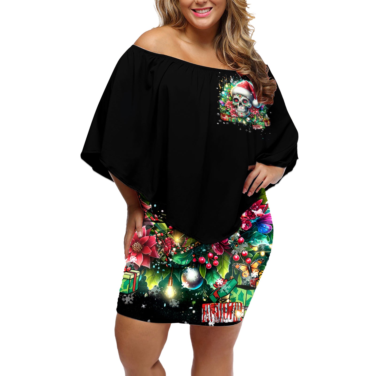 Christmas Skull Off Shoulder Short Dress On The Naughty List I Regret Nothing - Wonder Print Shop