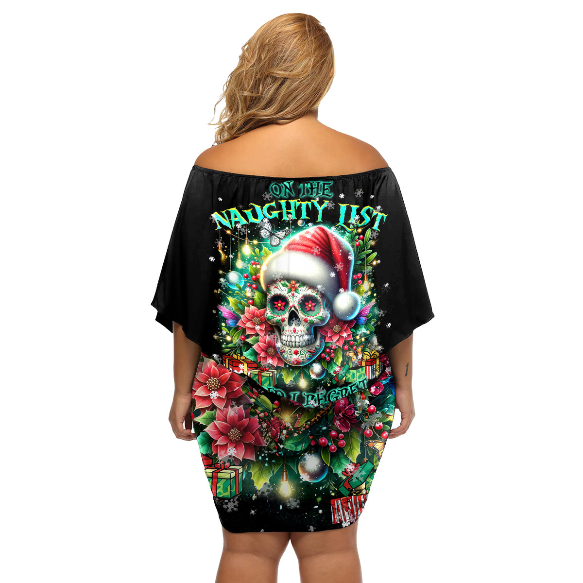 Christmas Skull Off Shoulder Short Dress On The Naughty List I Regret Nothing - Wonder Print Shop
