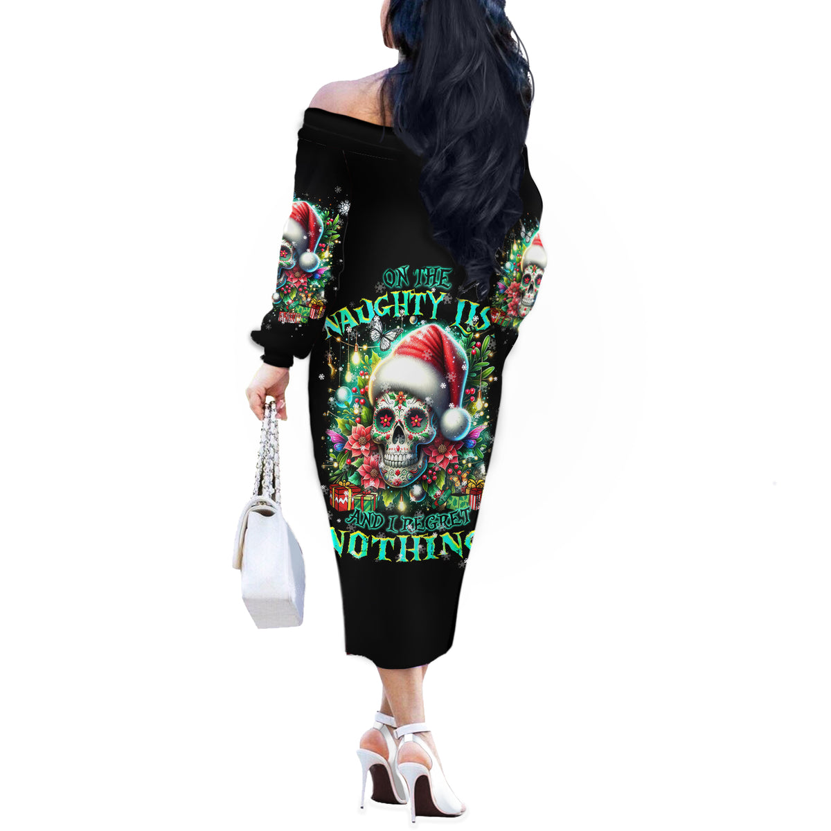 Christmas Skull Off The Shoulder Long Sleeve Dress On The Naughty List I Regret Nothing - Wonder Print Shop
