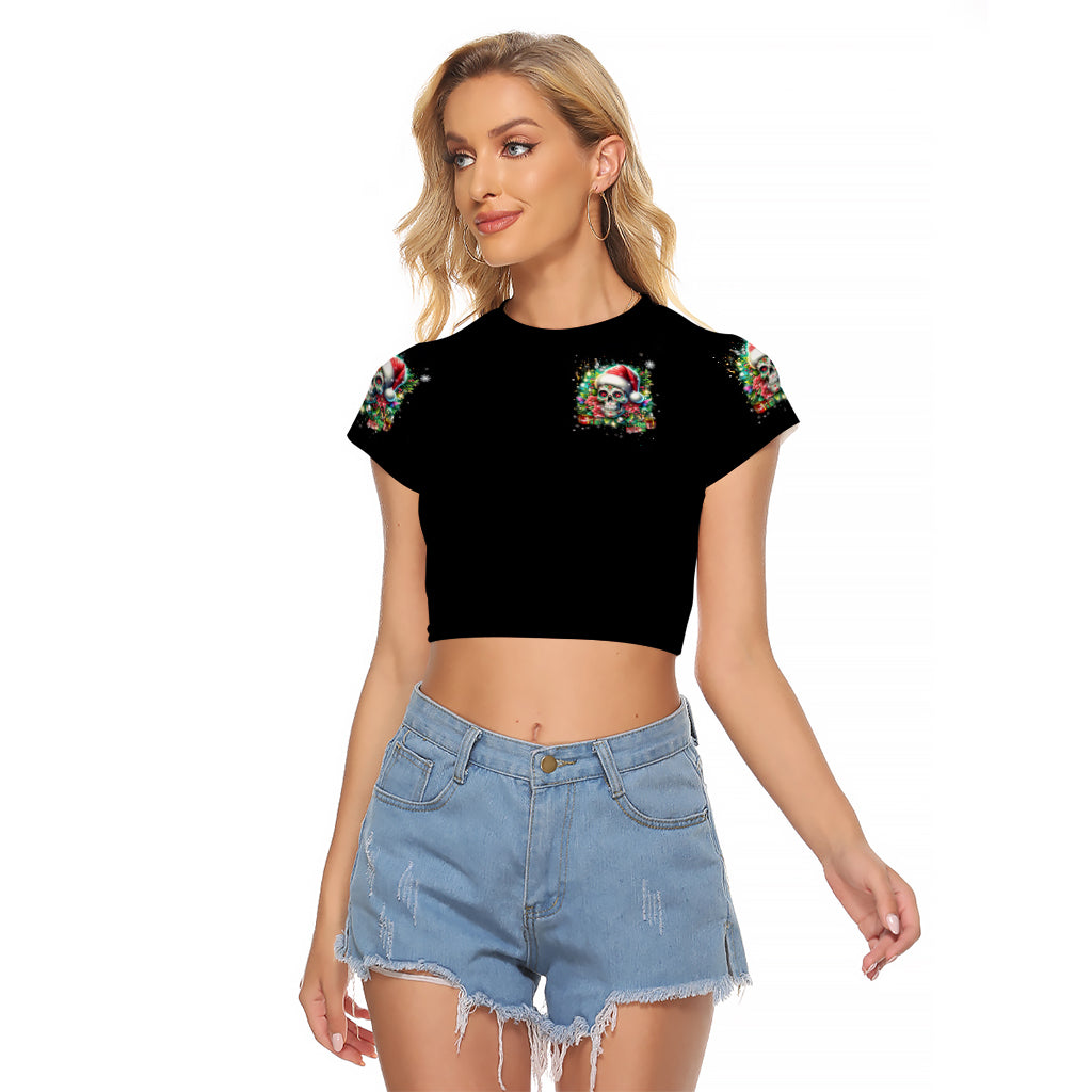 Christmas Skull Raglan Cropped T Shirt On The Naughty List I Regret Nothing - Wonder Print Shop