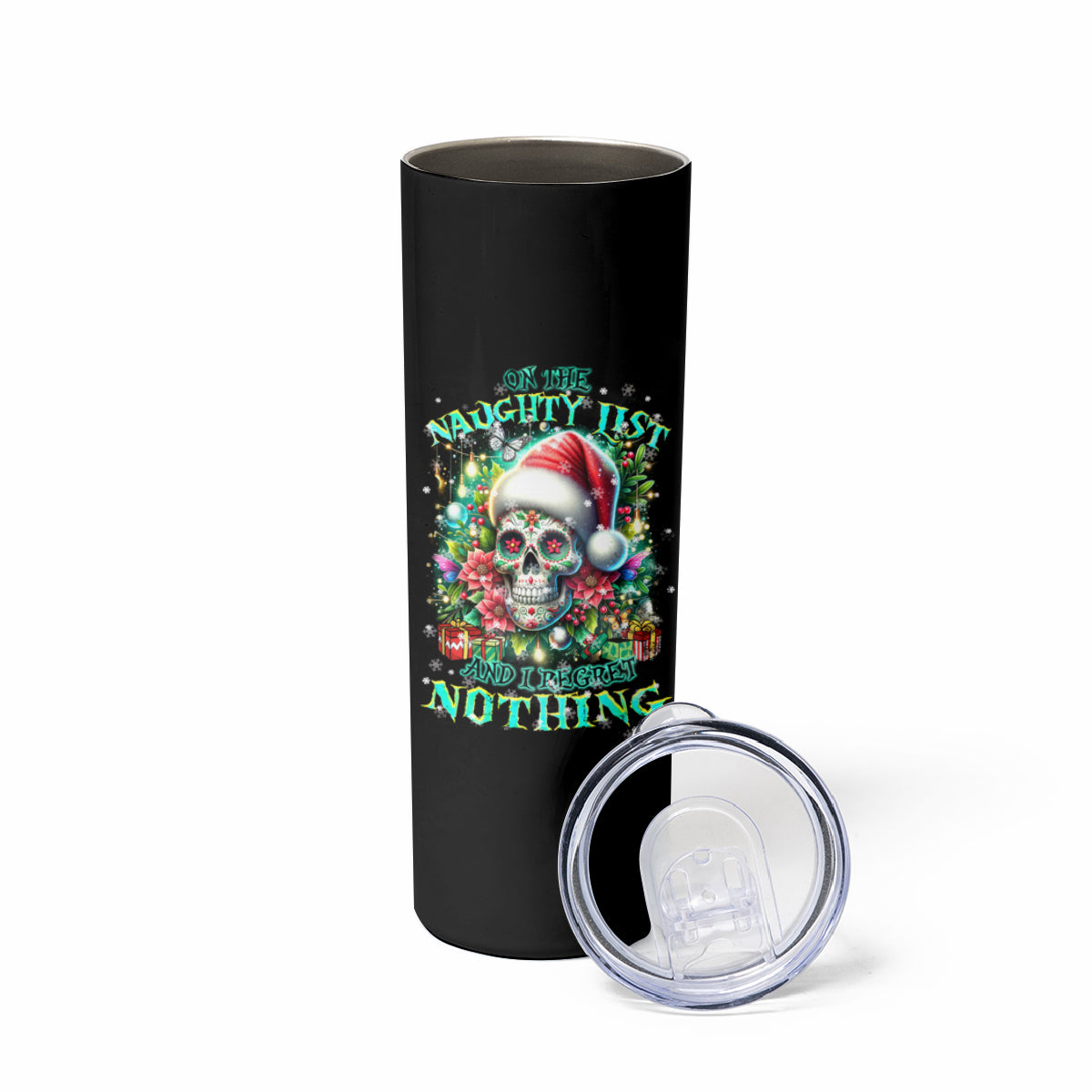 Christmas Skull Skinny Tumbler On The Naughty List I Regret Nothing - Wonder Print Shop