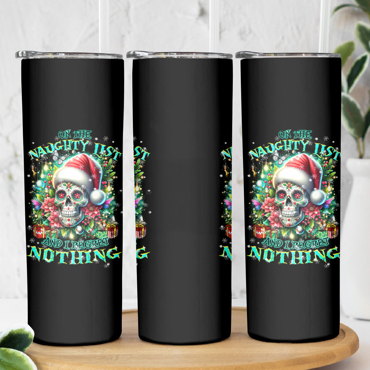 Christmas Skull Skinny Tumbler On The Naughty List I Regret Nothing - Wonder Print Shop