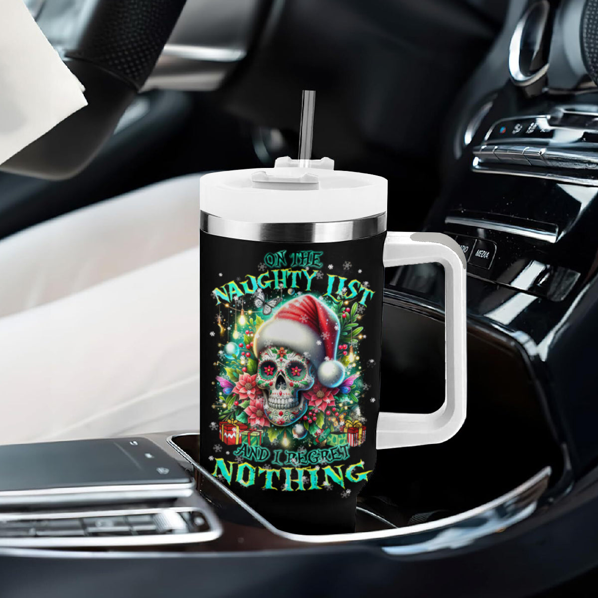 Christmas Skull Tumbler With Handle On The Naughty List I Regret Nothing - Wonder Print Shop