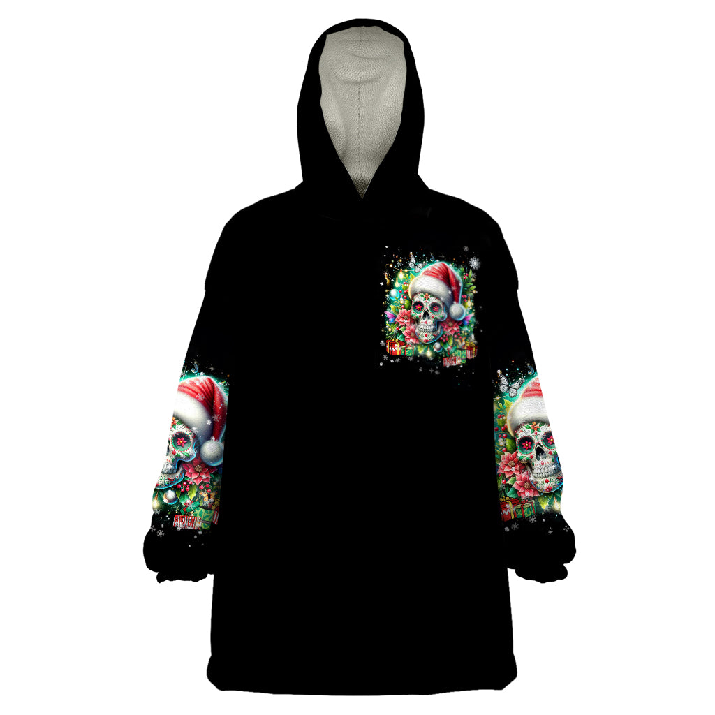 Christmas Skull Wearable Blanket Hoodie On The Naughty List I Regret Nothing - Wonder Print Shop
