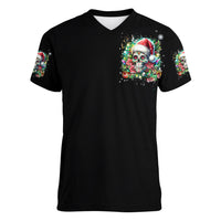Christmas Skull Women V Neck T Shirt On The Naughty List I Regret Nothing - Wonder Print Shop