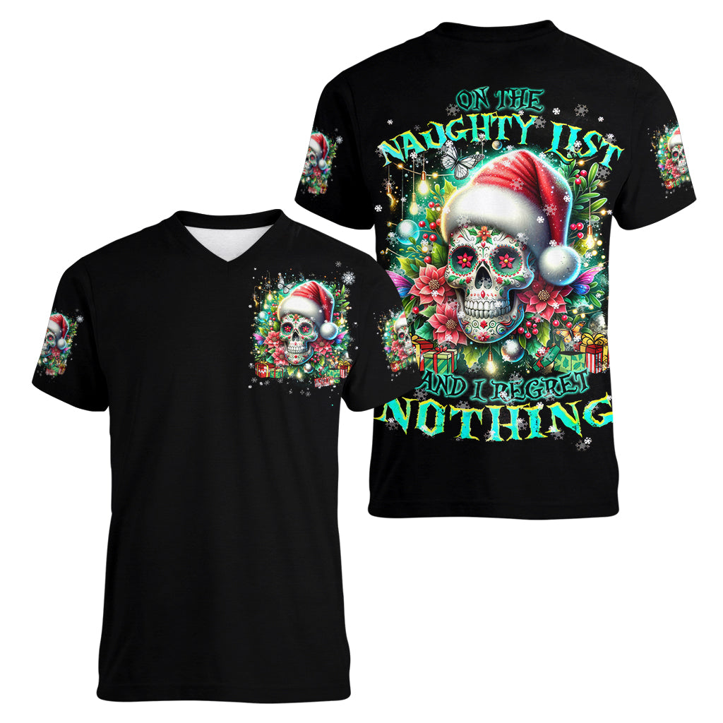Christmas Skull Women V Neck T Shirt On The Naughty List I Regret Nothing - Wonder Print Shop