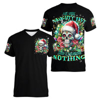 Christmas Skull Women V Neck T Shirt On The Naughty List I Regret Nothing - Wonder Print Shop