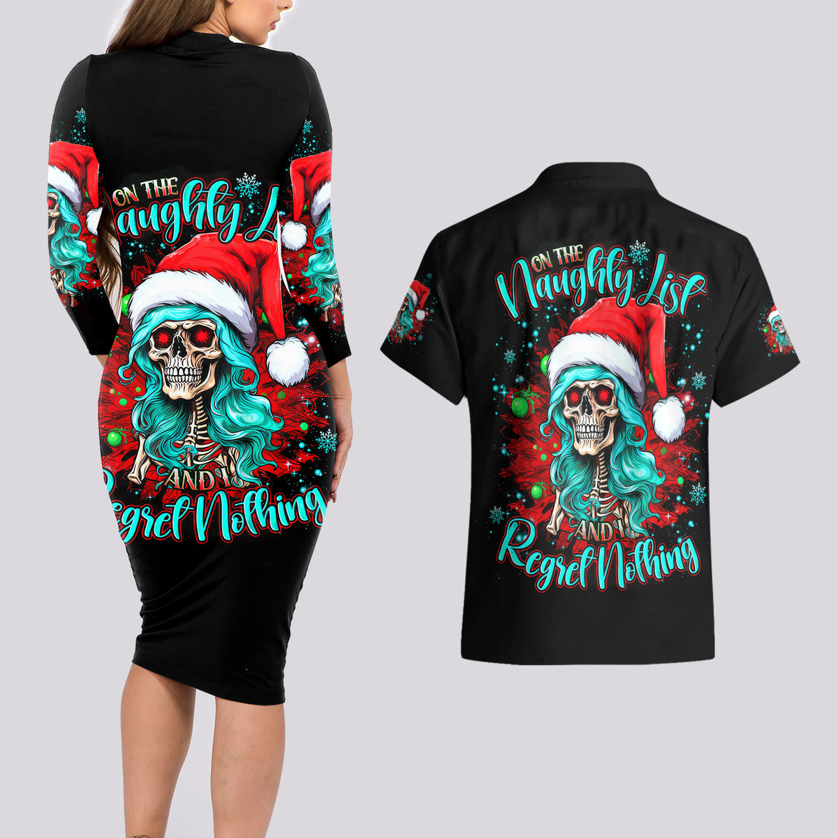 Christmas Skull Lady Couples Matching Long Sleeve Bodycon Dress and Hawaiian Shirt On The Naughty List I Regret Nothing - Wonder Print Shop
