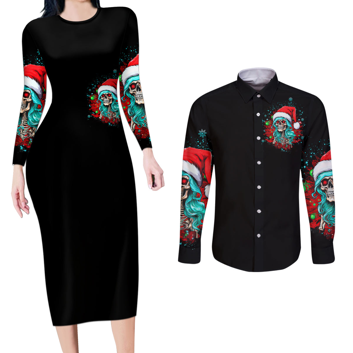 Christmas Skull Lady Couples Matching Long Sleeve Bodycon Dress and Long Sleeve Button Shirt On The Naughty List I Regret Nothing - Wonder Print Shop