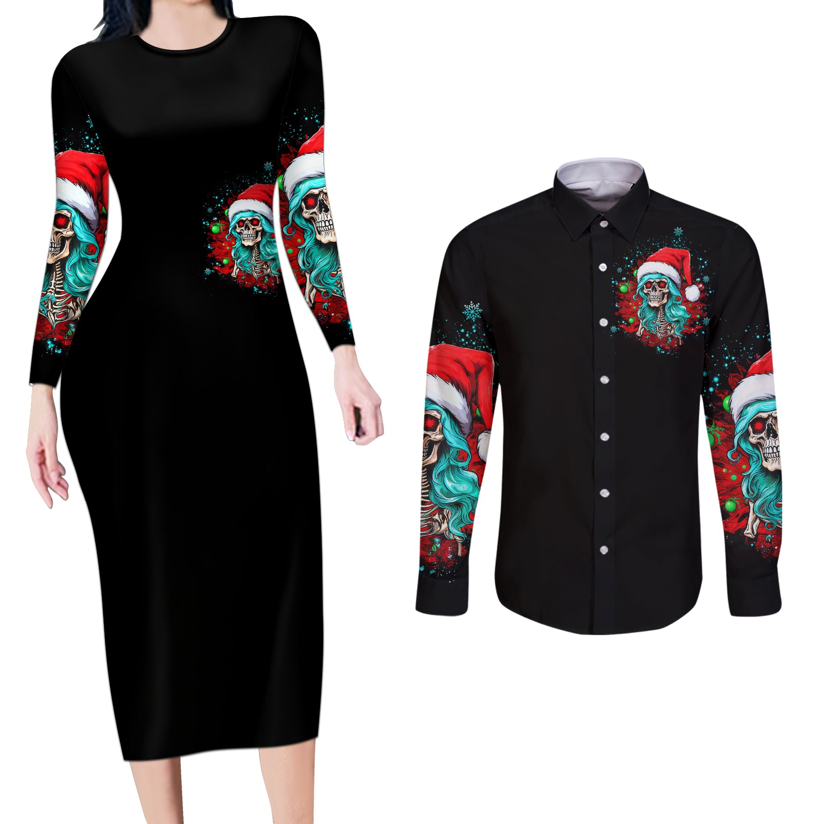 Christmas Skull Lady Couples Matching Long Sleeve Bodycon Dress and Long Sleeve Button Shirt On The Naughty List I Regret Nothing - Wonder Print Shop