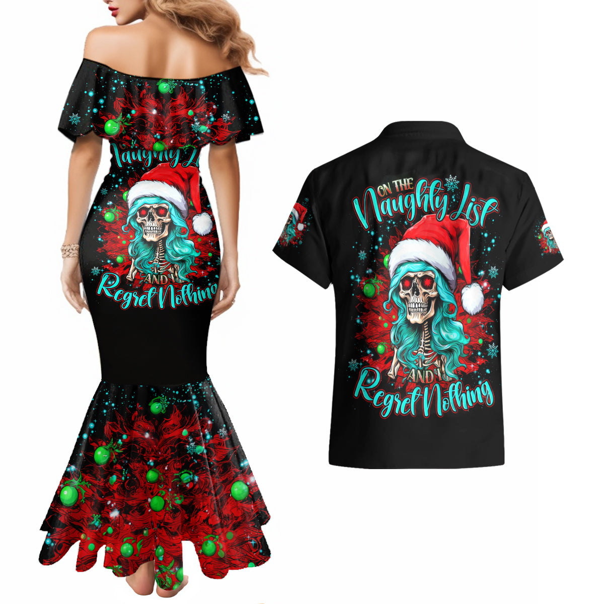 Christmas Skull Lady Couples Matching Mermaid Dress and Hawaiian Shirt On The Naughty List I Regret Nothing - Wonder Print Shop