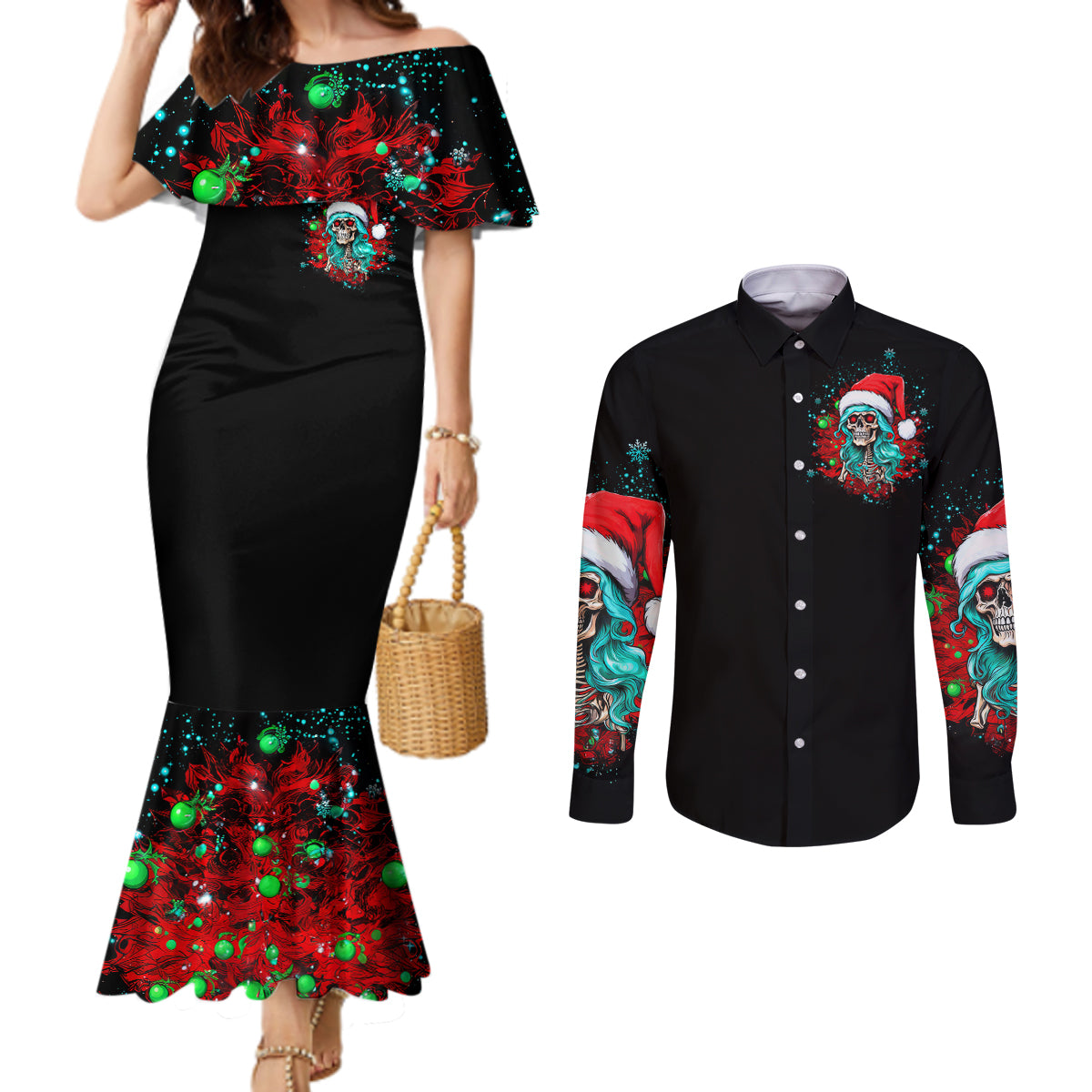 christmas-skull-lady-couples-matching-mermaid-dress-and-long-sleeve-button-shirt-on-the-naughty-list-i-regret-nothing