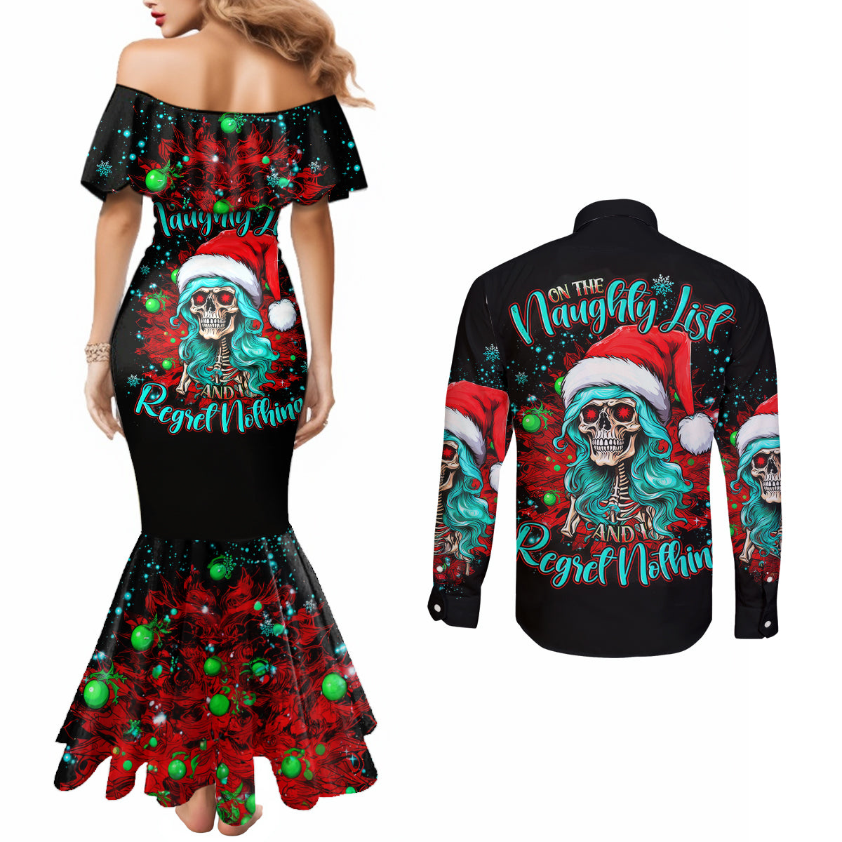 christmas-skull-lady-couples-matching-mermaid-dress-and-long-sleeve-button-shirt-on-the-naughty-list-i-regret-nothing