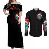 Christmas Skull Lady Couples Matching Off Shoulder Maxi Dress and Long Sleeve Button Shirt On The Naughty List I Regret Nothing - Wonder Print Shop