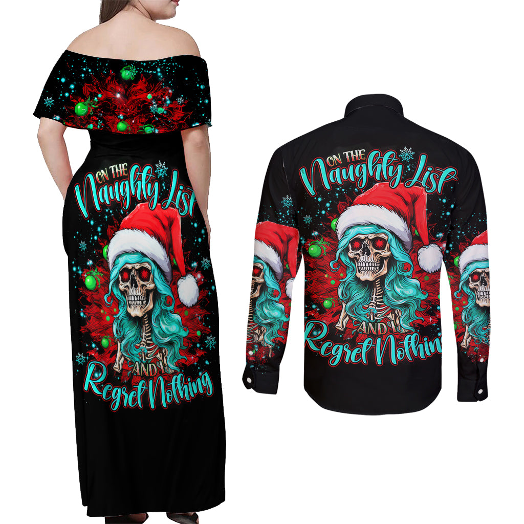 Christmas Skull Lady Couples Matching Off Shoulder Maxi Dress and Long Sleeve Button Shirt On The Naughty List I Regret Nothing - Wonder Print Shop