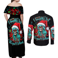 Christmas Skull Lady Couples Matching Off Shoulder Maxi Dress and Long Sleeve Button Shirt On The Naughty List I Regret Nothing - Wonder Print Shop