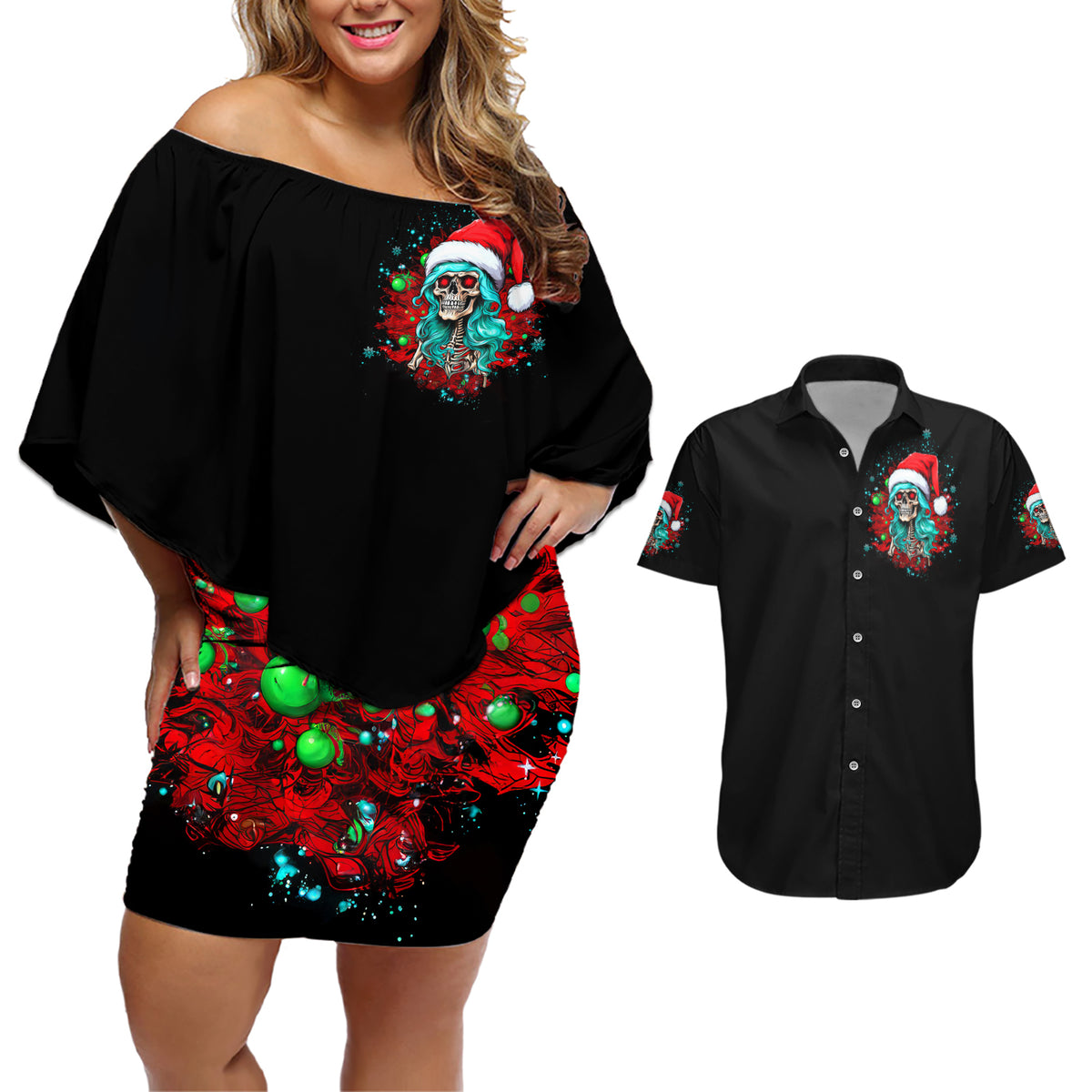 Christmas Skull Lady Couples Matching Off Shoulder Short Dress and Hawaiian Shirt On The Naughty List I Regret Nothing - Wonder Print Shop