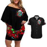 Christmas Skull Lady Couples Matching Off Shoulder Short Dress and Hawaiian Shirt On The Naughty List I Regret Nothing - Wonder Print Shop