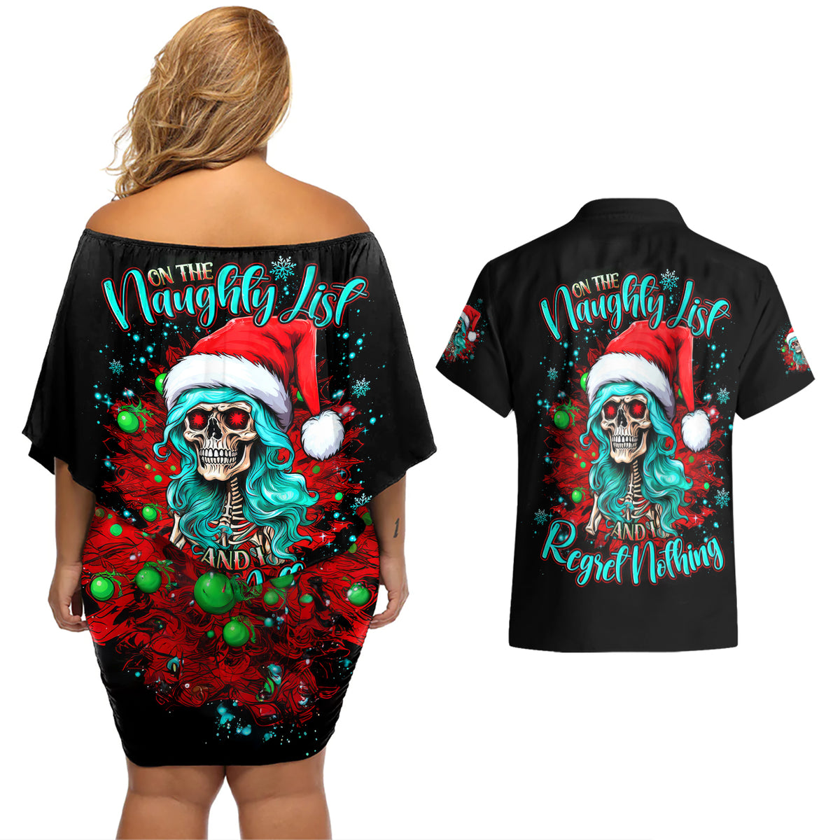 Christmas Skull Lady Couples Matching Off Shoulder Short Dress and Hawaiian Shirt On The Naughty List I Regret Nothing - Wonder Print Shop