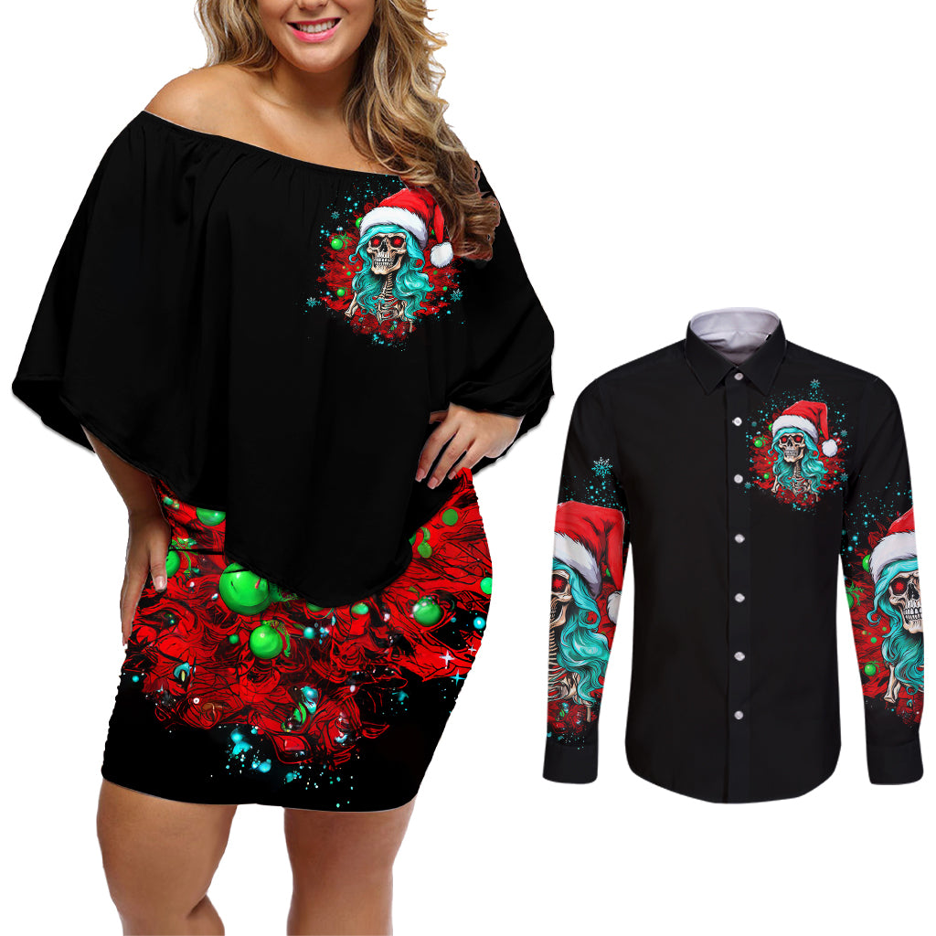 Christmas Skull Lady Couples Matching Off Shoulder Short Dress and Long Sleeve Button Shirt On The Naughty List I Regret Nothing - Wonder Print Shop