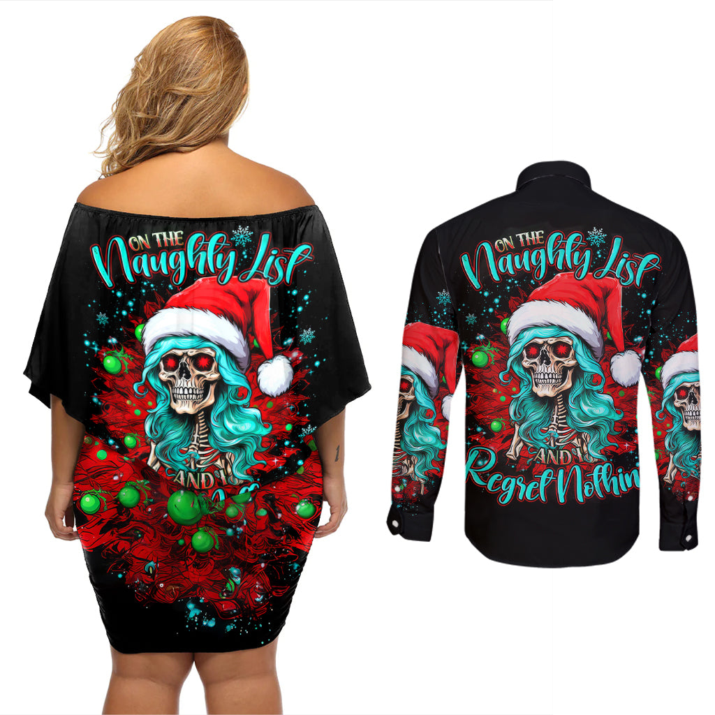 Christmas Skull Lady Couples Matching Off Shoulder Short Dress and Long Sleeve Button Shirt On The Naughty List I Regret Nothing - Wonder Print Shop