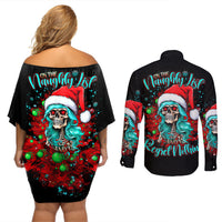 Christmas Skull Lady Couples Matching Off Shoulder Short Dress and Long Sleeve Button Shirt On The Naughty List I Regret Nothing - Wonder Print Shop