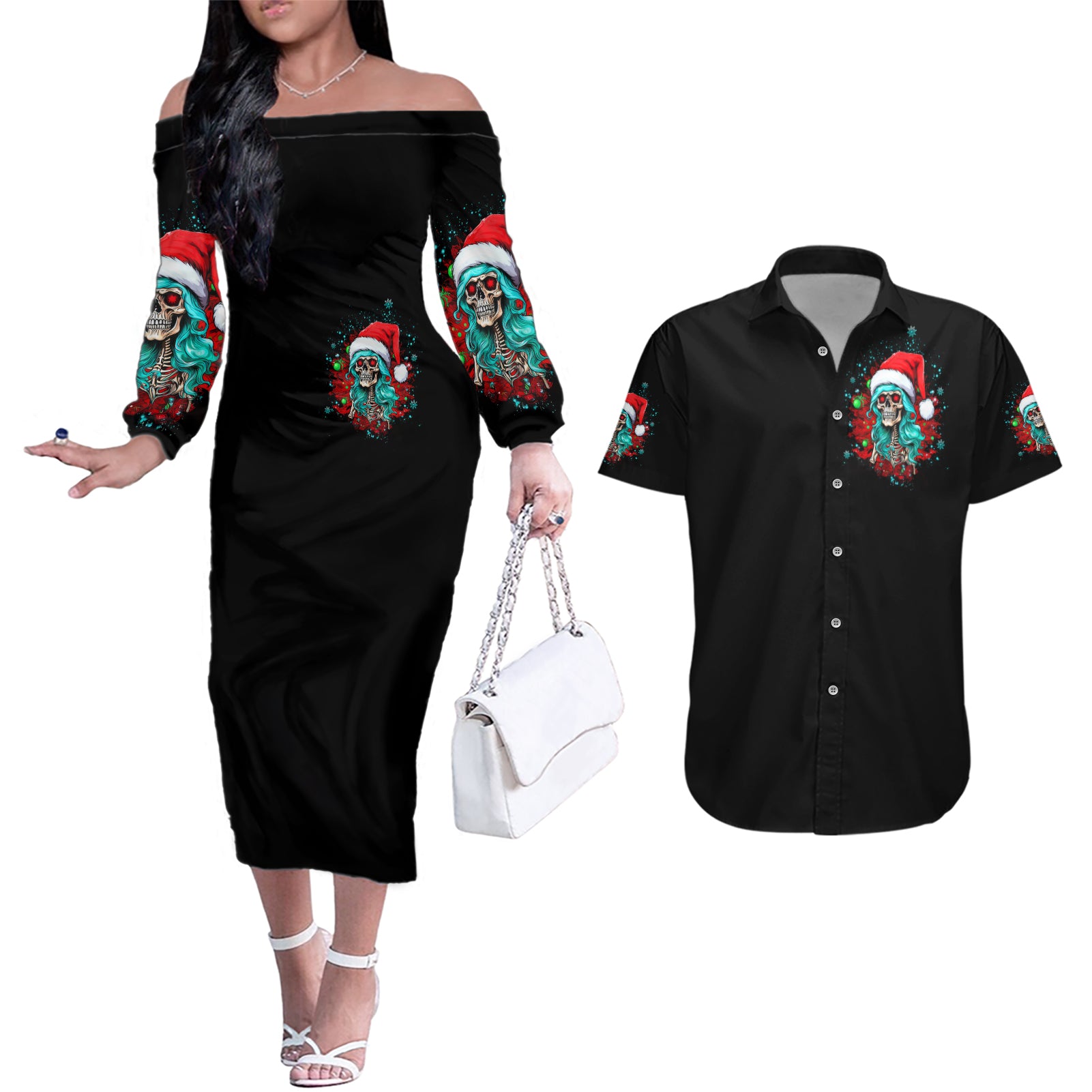 Christmas Skull Lady Couples Matching Off The Shoulder Long Sleeve Dress and Hawaiian Shirt On The Naughty List I Regret Nothing - Wonder Print Shop