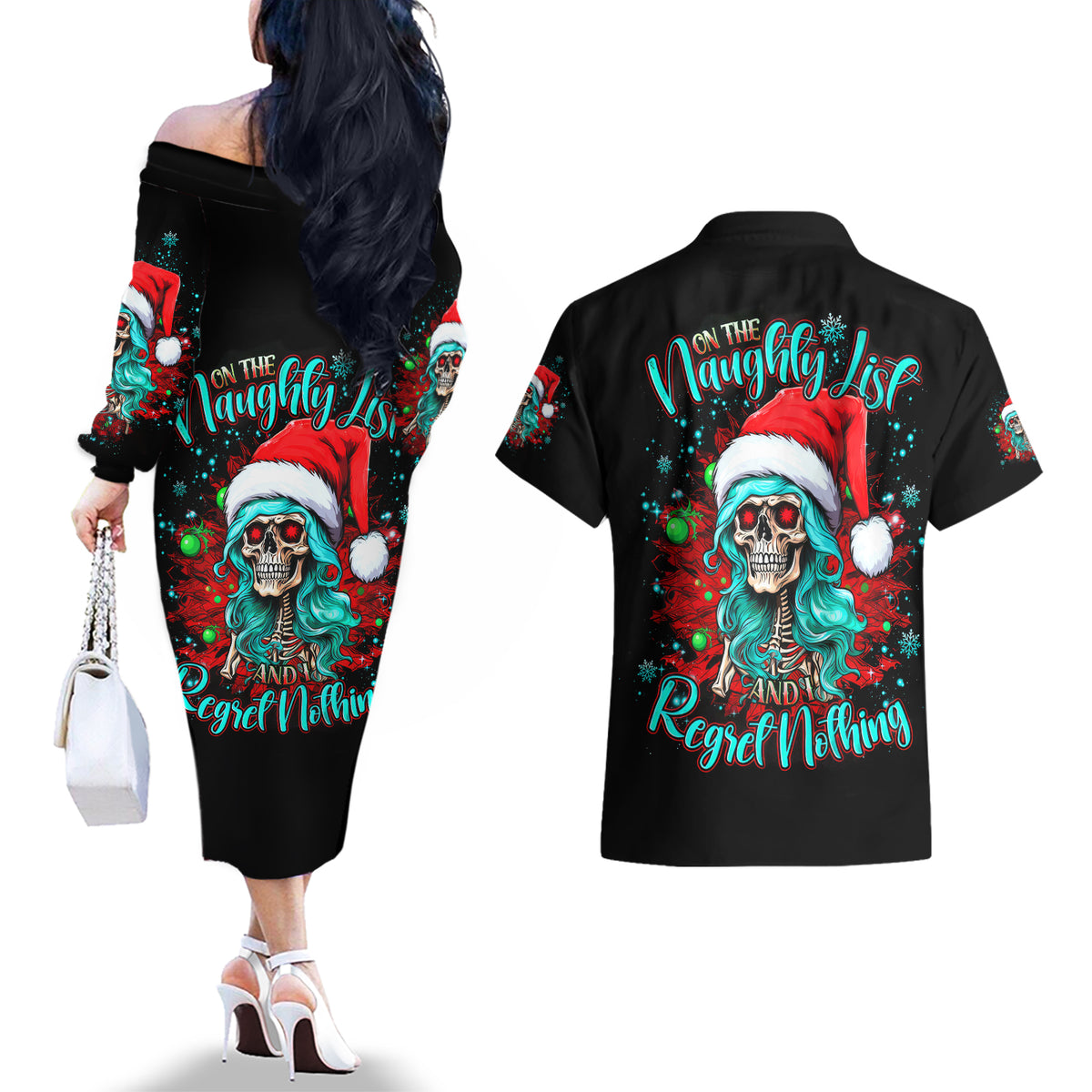 Christmas Skull Lady Couples Matching Off The Shoulder Long Sleeve Dress and Hawaiian Shirt On The Naughty List I Regret Nothing - Wonder Print Shop