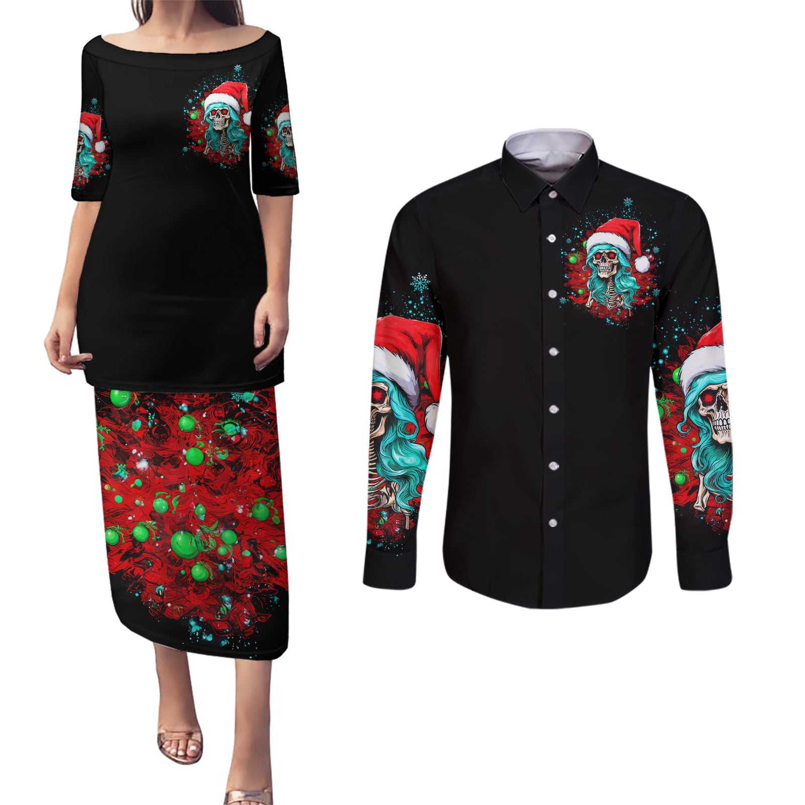 Christmas Skull Lady Couples Matching Puletasi Dress and Long Sleeve Button Shirt On The Naughty List I Regret Nothing - Wonder Print Shop