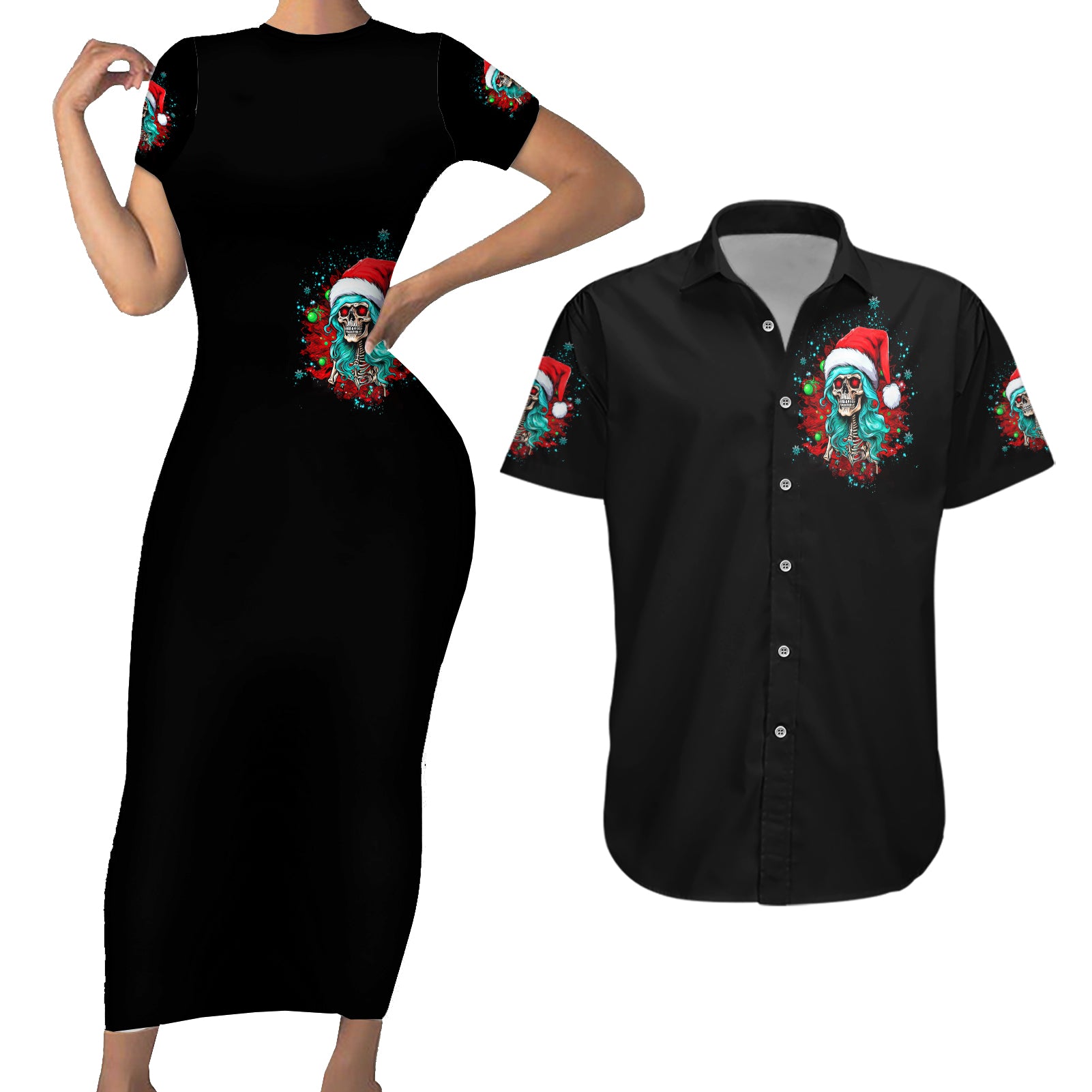 Christmas Skull Lady Couples Matching Short Sleeve Bodycon Dress and Hawaiian Shirt On The Naughty List I Regret Nothing - Wonder Print Shop