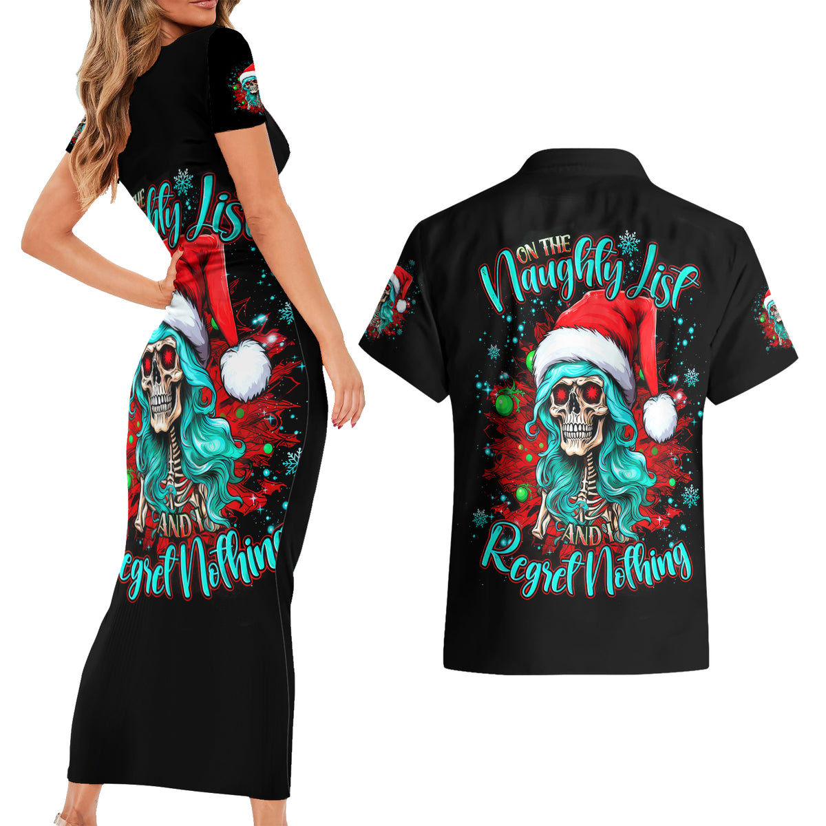 Christmas Skull Lady Couples Matching Short Sleeve Bodycon Dress and Hawaiian Shirt On The Naughty List I Regret Nothing - Wonder Print Shop
