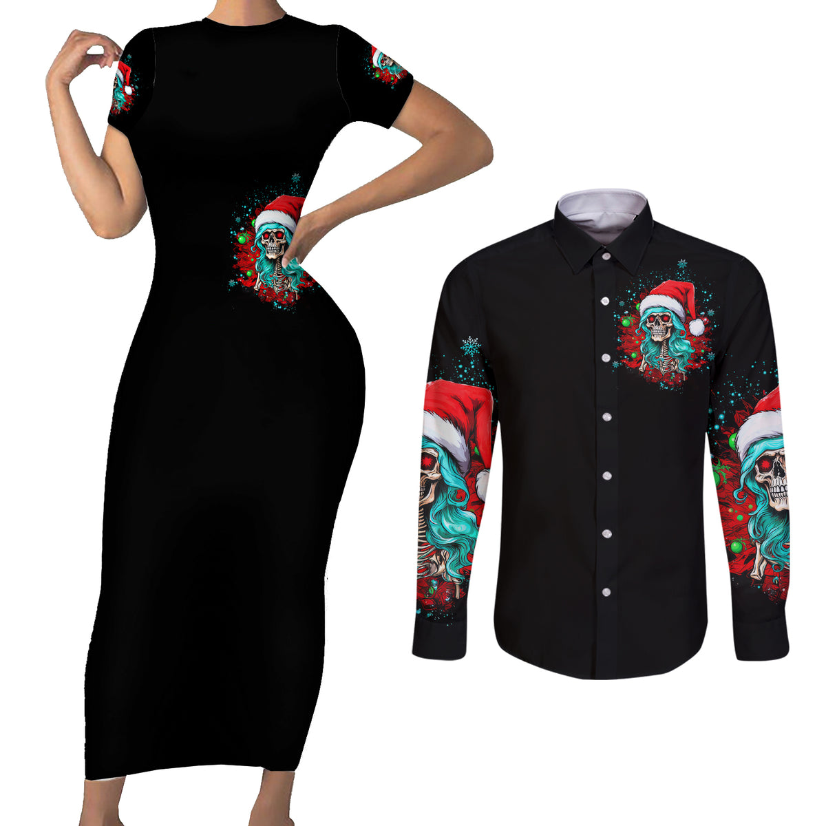 Christmas Skull Lady Couples Matching Short Sleeve Bodycon Dress and Long Sleeve Button Shirt On The Naughty List I Regret Nothing - Wonder Print Shop