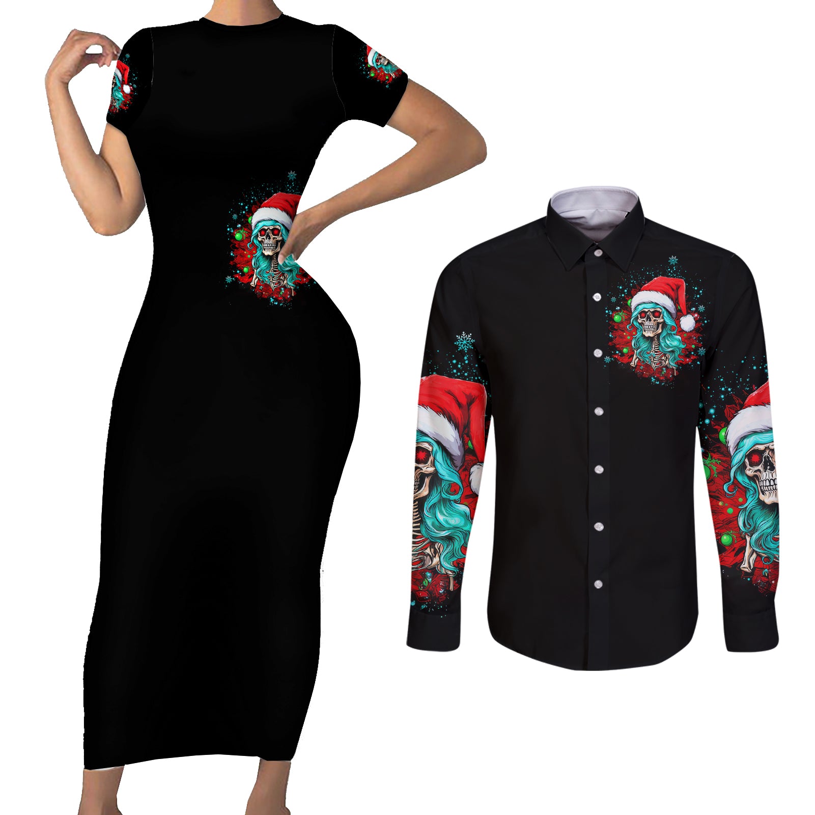 Christmas Skull Lady Couples Matching Short Sleeve Bodycon Dress and Long Sleeve Button Shirt On The Naughty List I Regret Nothing - Wonder Print Shop