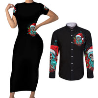 Christmas Skull Lady Couples Matching Short Sleeve Bodycon Dress and Long Sleeve Button Shirt On The Naughty List I Regret Nothing - Wonder Print Shop