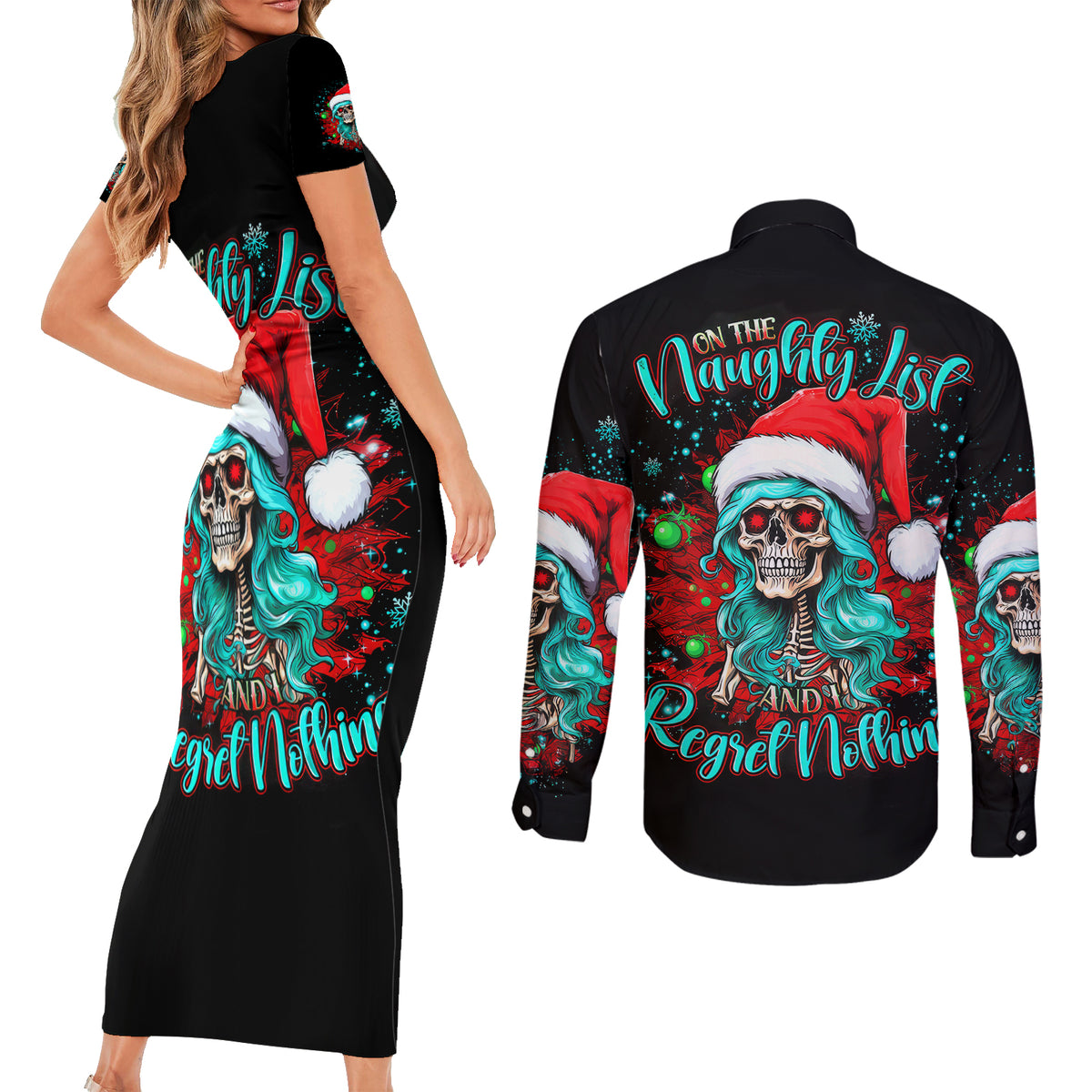 Christmas Skull Lady Couples Matching Short Sleeve Bodycon Dress and Long Sleeve Button Shirt On The Naughty List I Regret Nothing - Wonder Print Shop