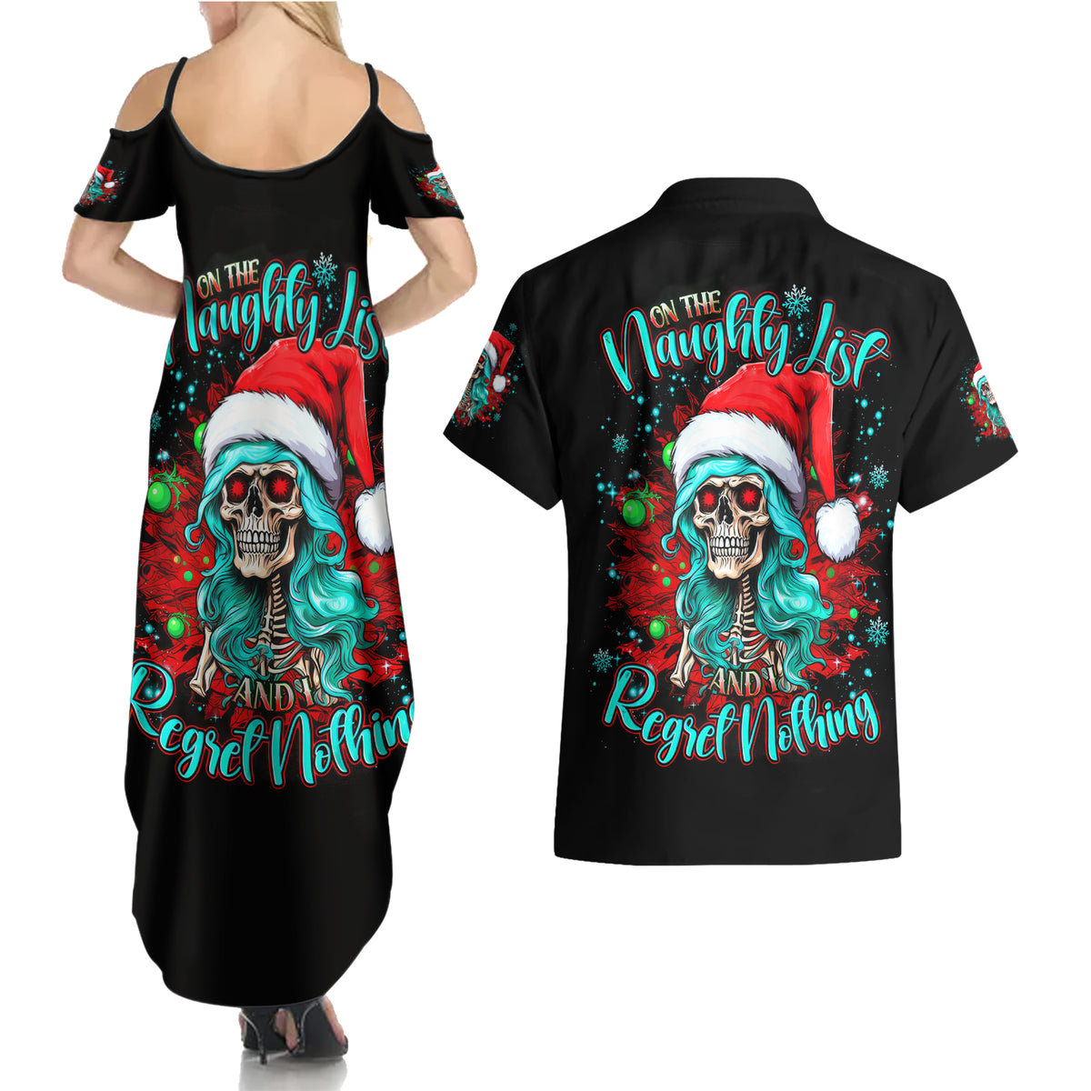 Christmas Skull Lady Couples Matching Summer Maxi Dress and Hawaiian Shirt On The Naughty List I Regret Nothing - Wonder Print Shop