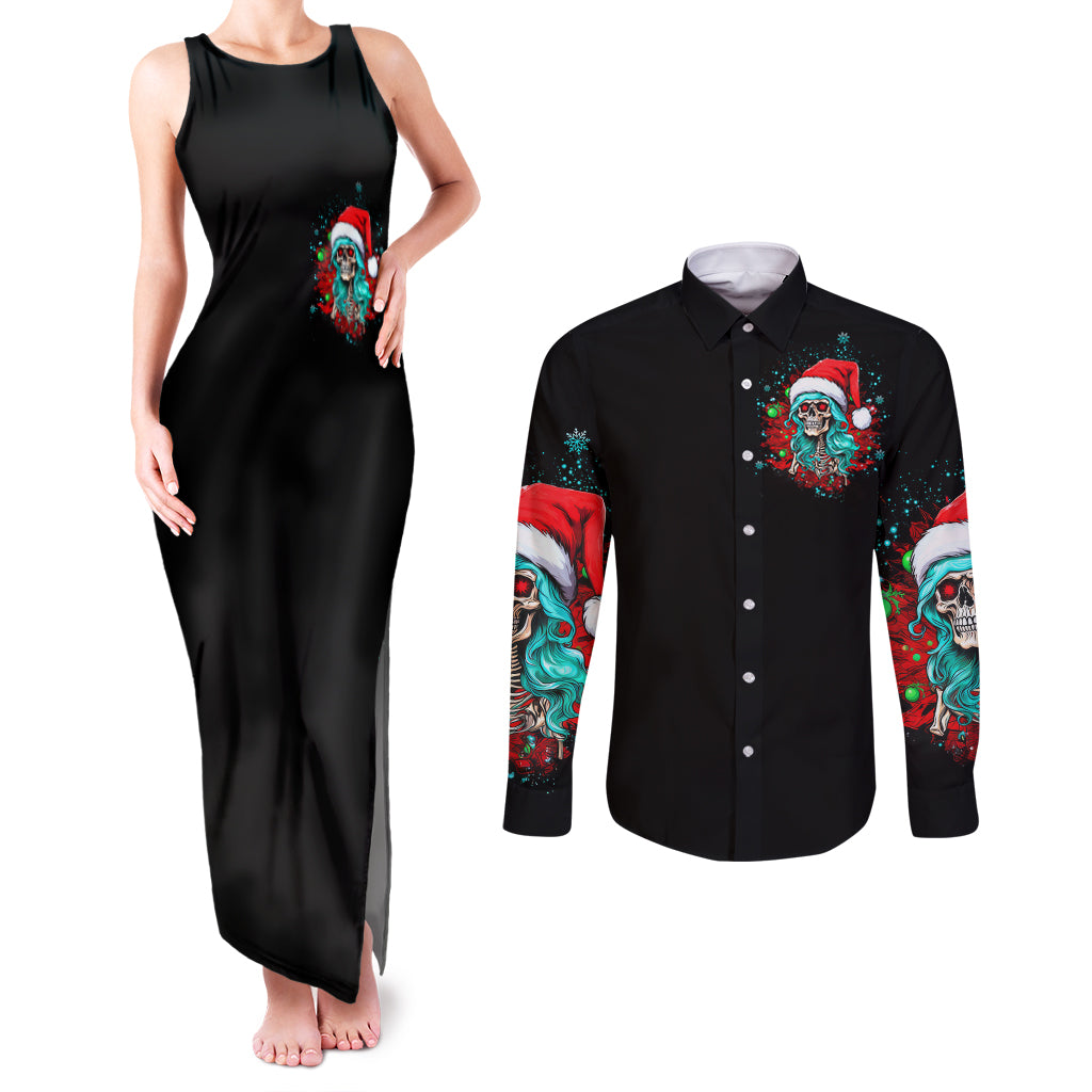 Christmas Skull Lady Couples Matching Tank Maxi Dress and Long Sleeve Button Shirt On The Naughty List I Regret Nothing - Wonder Print Shop