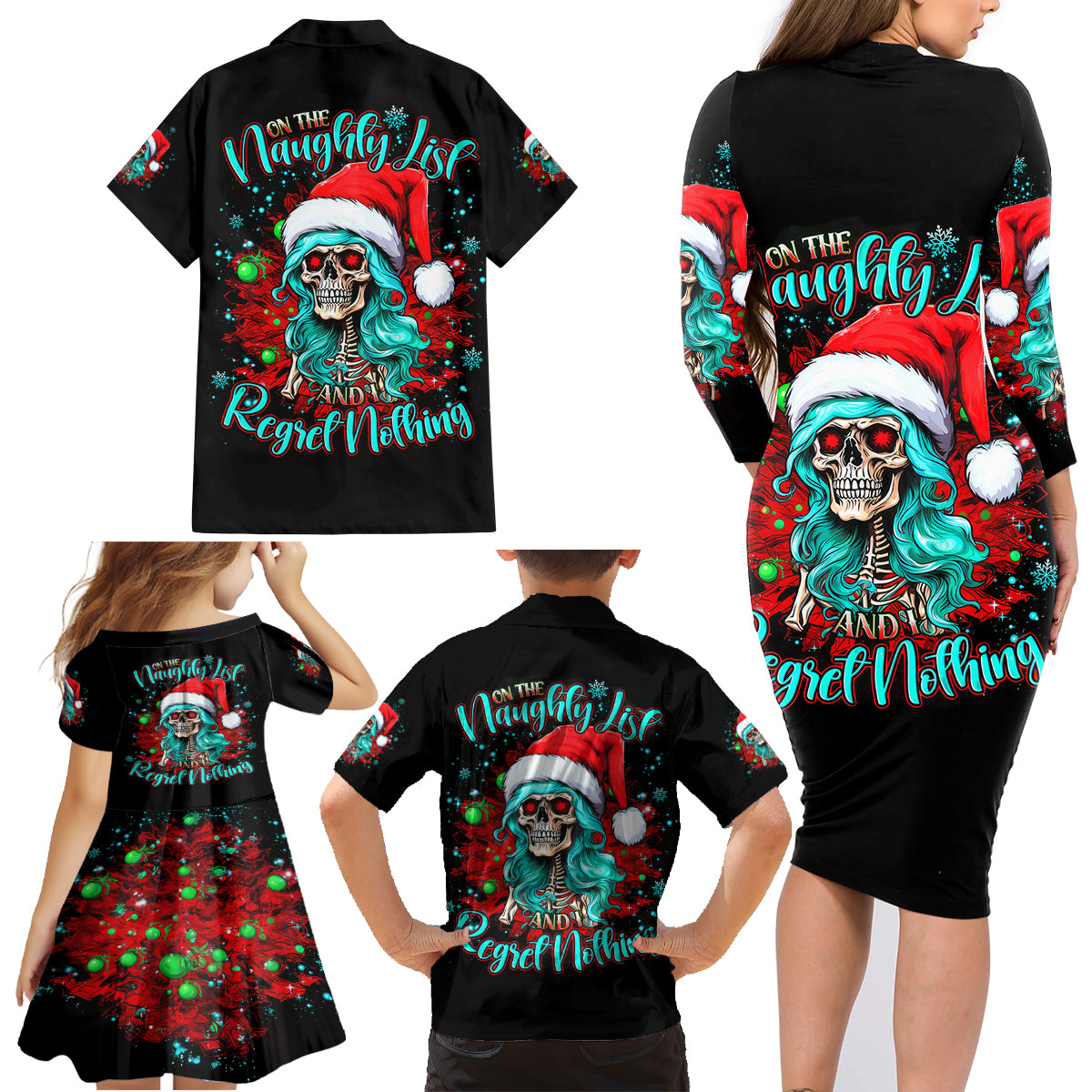 Christmas Skull Lady Family Matching Long Sleeve Bodycon Dress and Hawaiian Shirt On The Naughty List I Regret Nothing - Wonder Print Shop