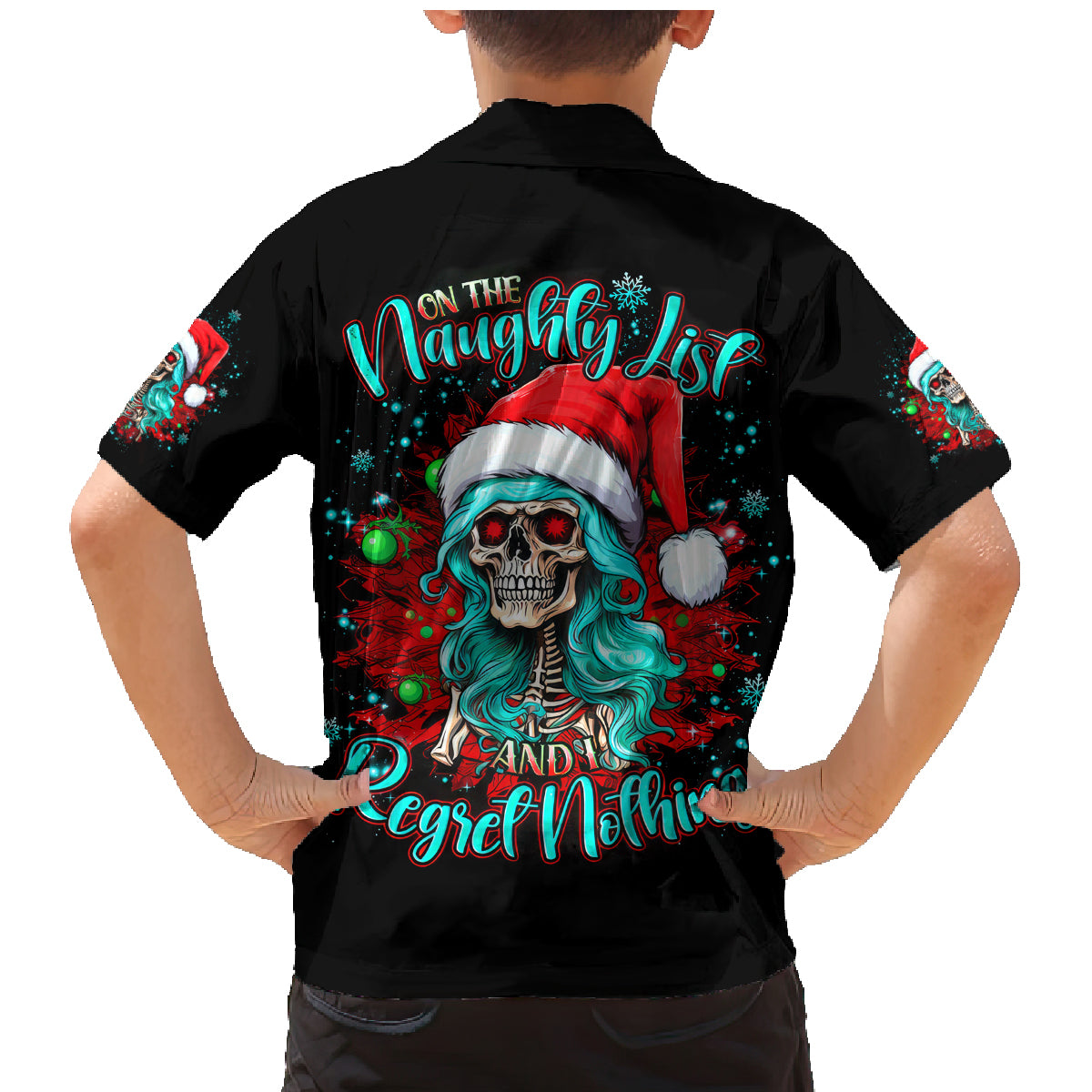 Christmas Skull Lady Family Matching Mermaid Dress and Hawaiian Shirt On The Naughty List I Regret Nothing - Wonder Print Shop