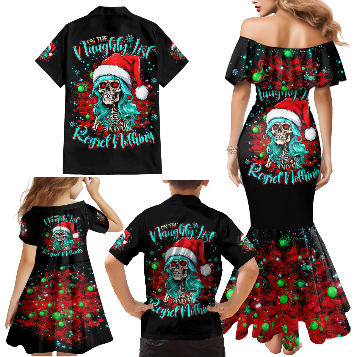 Christmas Skull Lady Family Matching Mermaid Dress and Hawaiian Shirt On The Naughty List I Regret Nothing - Wonder Print Shop