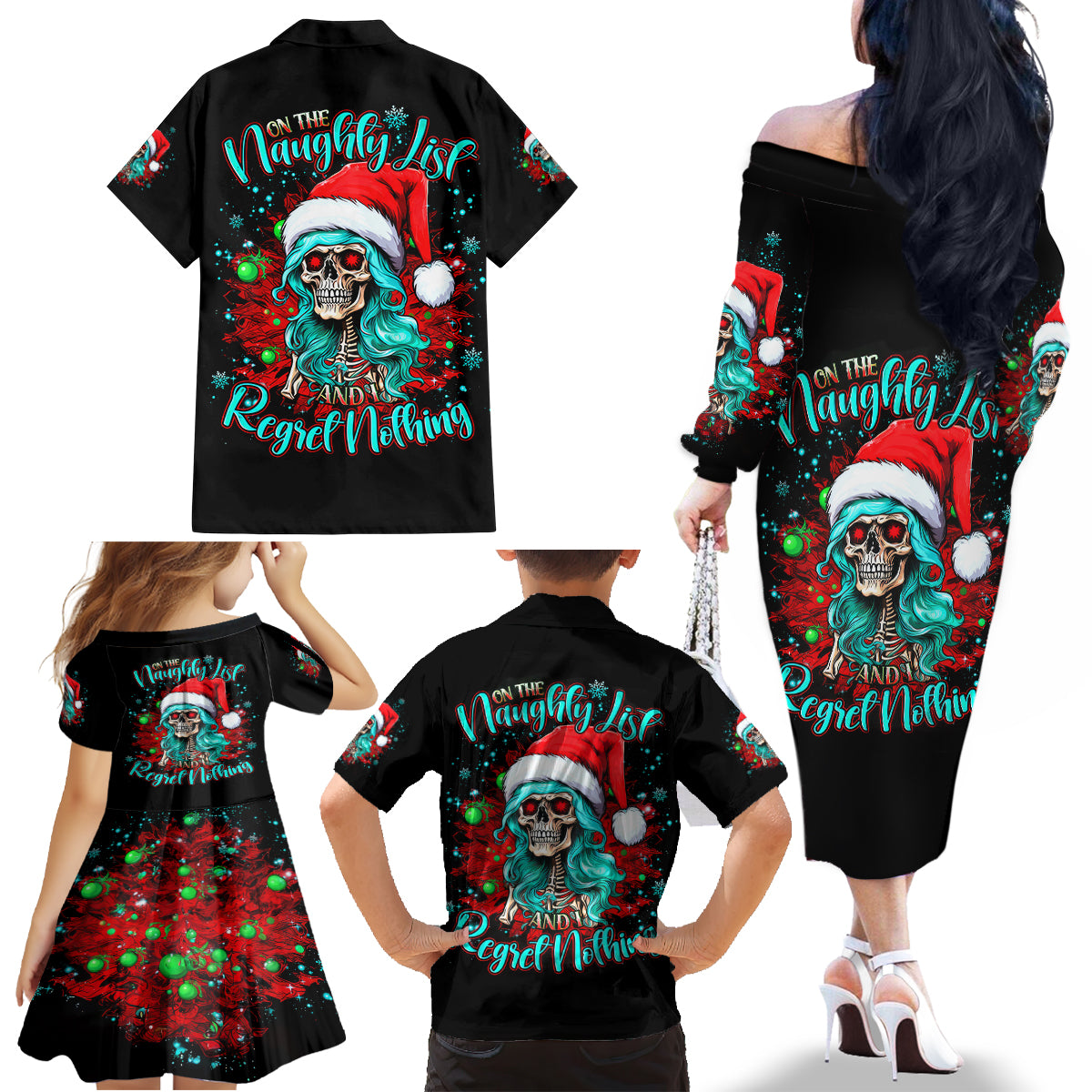 Christmas Skull Lady Family Matching Off Shoulder Long Sleeve Dress and Hawaiian Shirt On The Naughty List I Regret Nothing - Wonder Print Shop