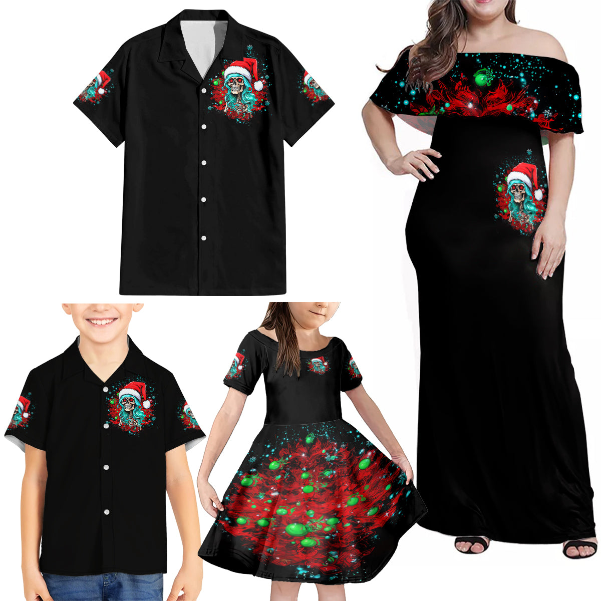 Christmas Skull Lady Family Matching Off Shoulder Maxi Dress and Hawaiian Shirt On The Naughty List I Regret Nothing - Wonder Print Shop