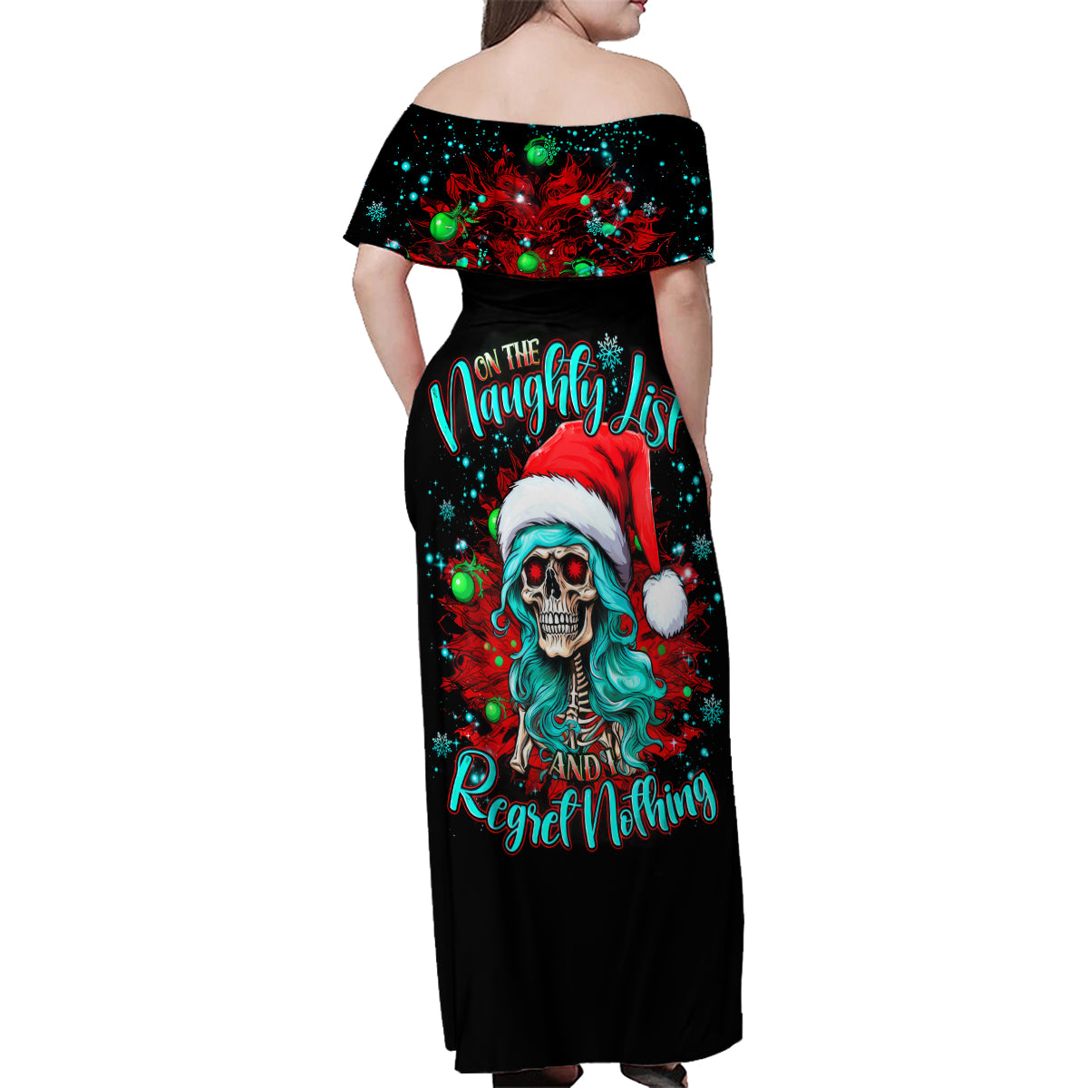 Christmas Skull Lady Family Matching Off Shoulder Maxi Dress and Hawaiian Shirt On The Naughty List I Regret Nothing - Wonder Print Shop