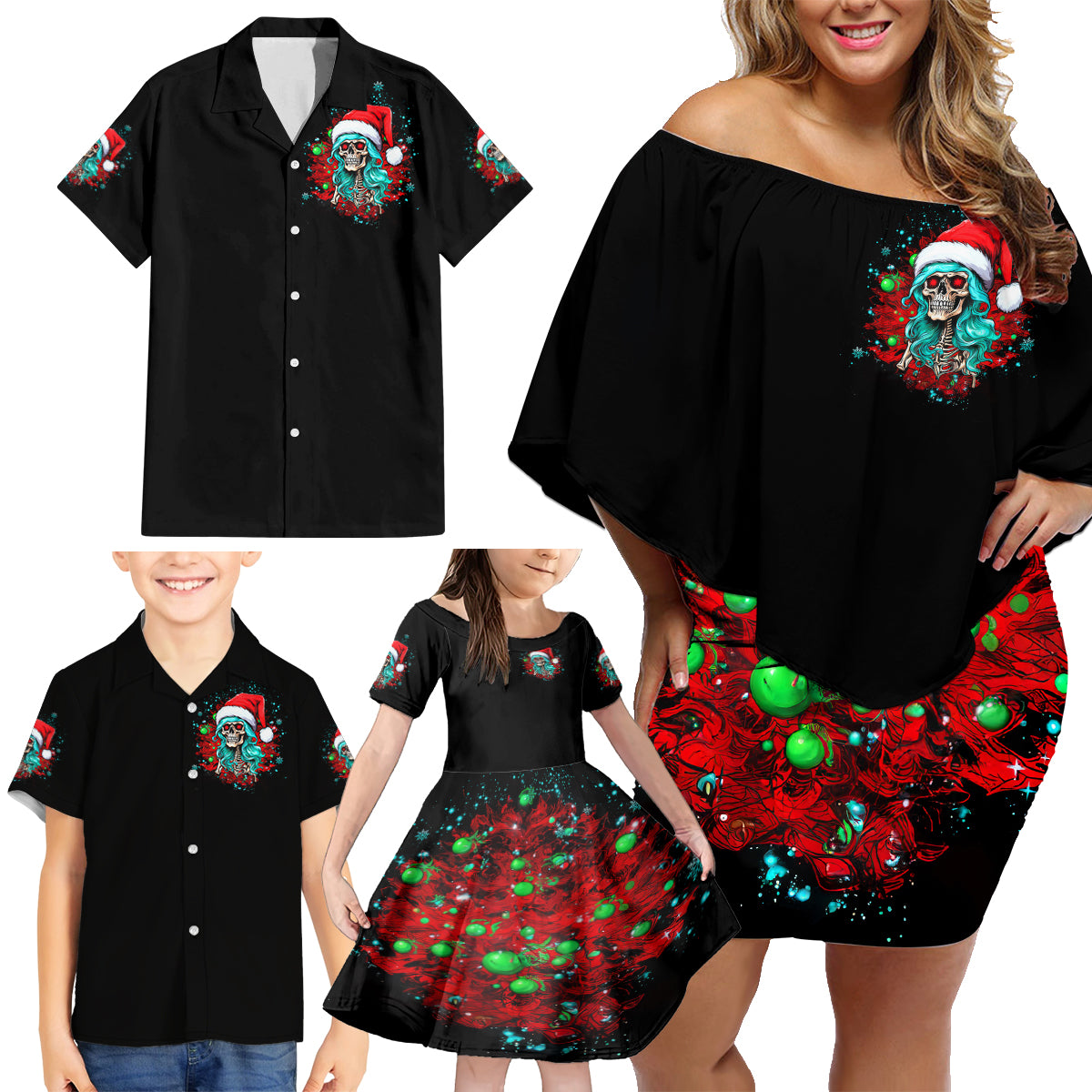 Christmas Skull Lady Family Matching Off Shoulder Short Dress and Hawaiian Shirt On The Naughty List I Regret Nothing - Wonder Print Shop