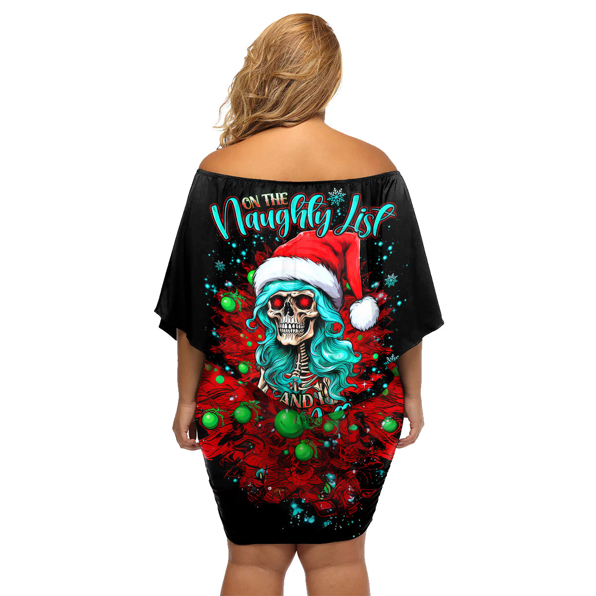 Christmas Skull Lady Family Matching Off Shoulder Short Dress and Hawaiian Shirt On The Naughty List I Regret Nothing - Wonder Print Shop
