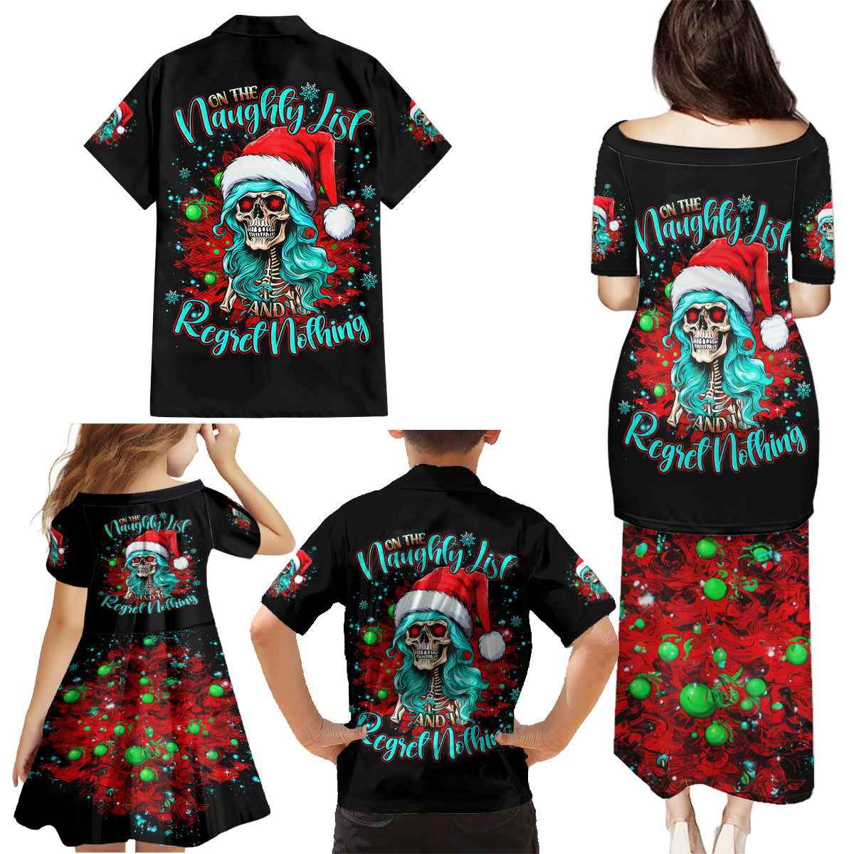 Christmas Skull Lady Family Matching Puletasi Dress and Hawaiian Shirt On The Naughty List I Regret Nothing - Wonder Print Shop