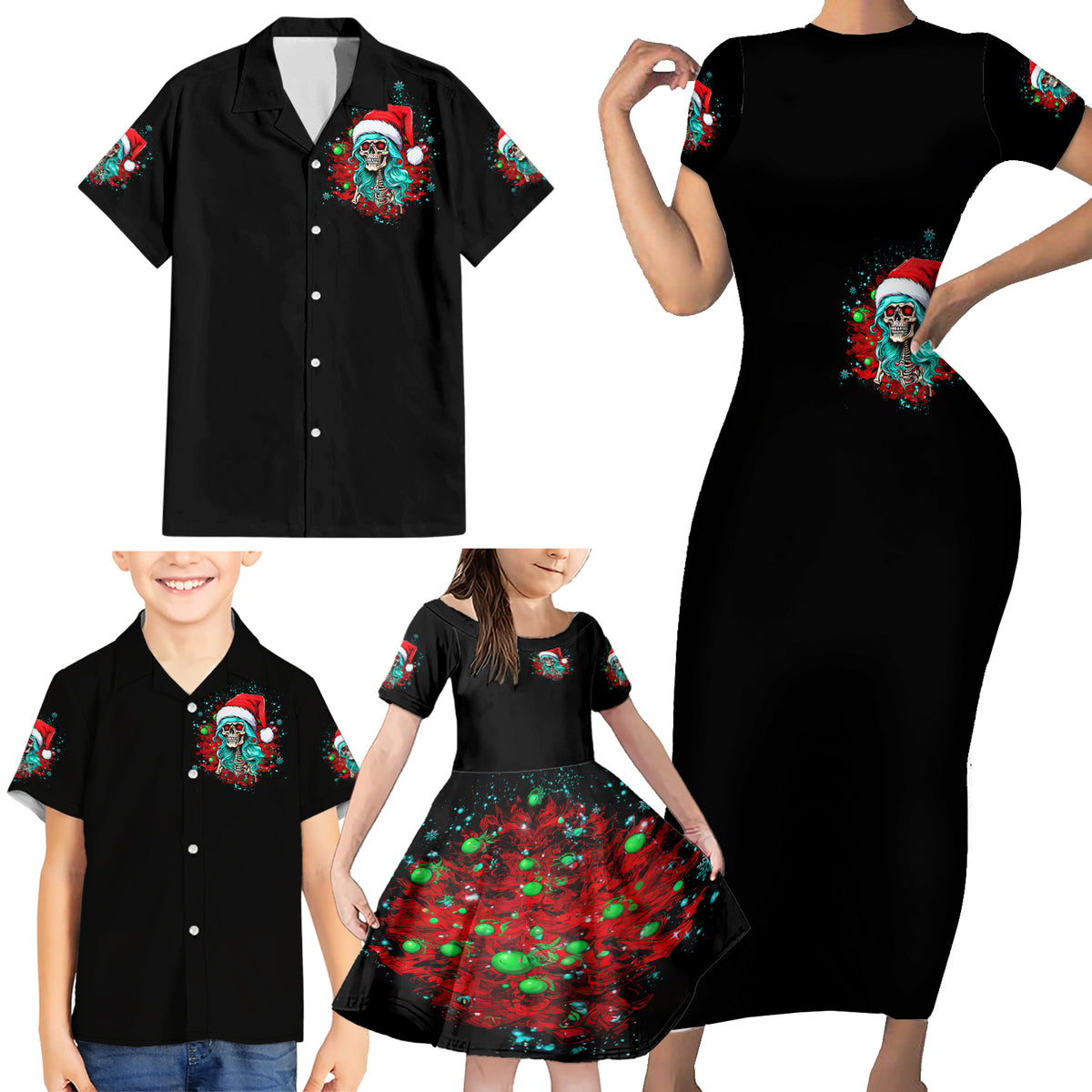 Christmas Skull Lady Family Matching Short Sleeve Bodycon Dress and Hawaiian Shirt On The Naughty List I Regret Nothing - Wonder Print Shop
